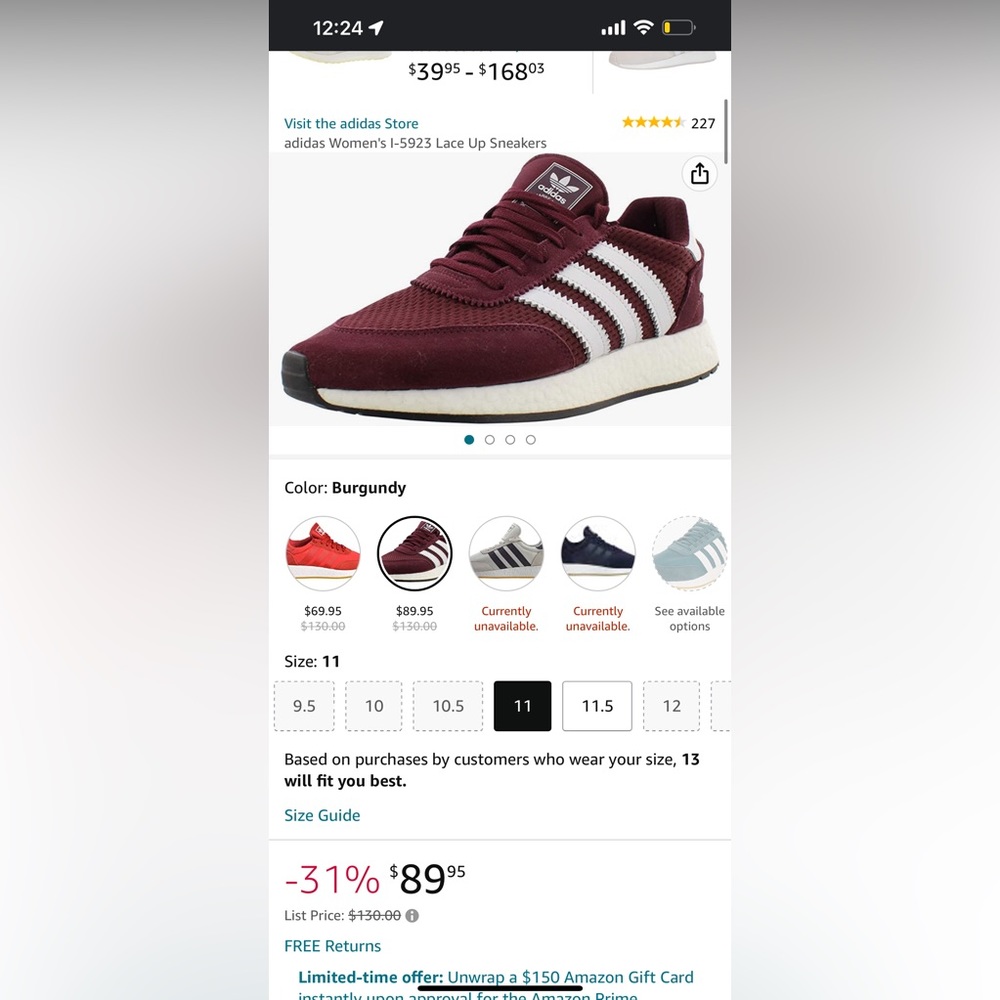 Addias I-5923 Sneaker in Burgundy
